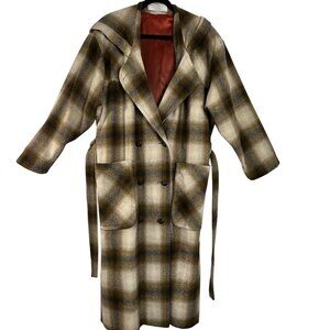 Vintage EATON Rontex International  Plaid Wool Blend Wrap Coat Hood  Belt  Size